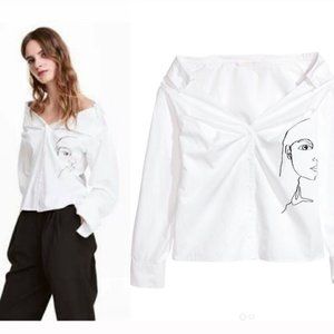 H&M White Off-Shoulder Shirt with Artistic Print